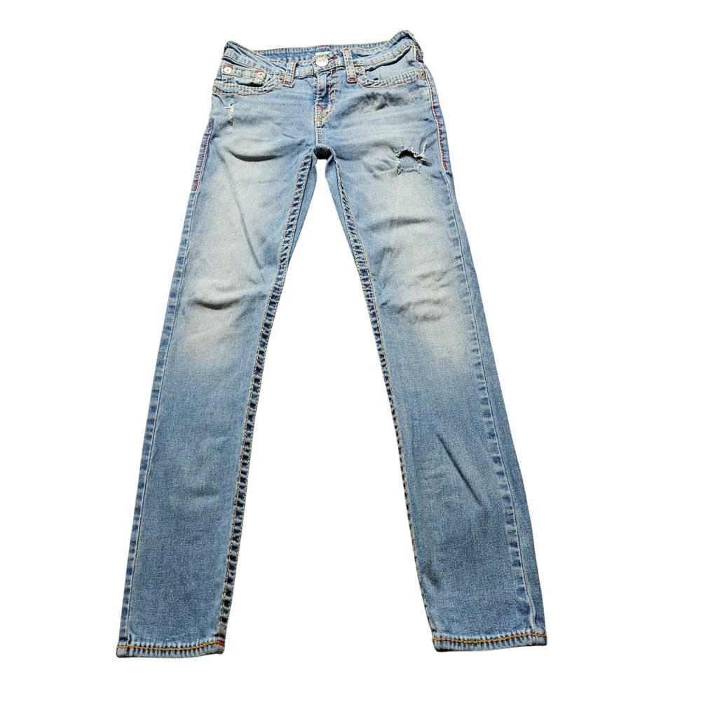 True Religion Skinny Jeans Womens Light Wash Blue Denim Distressed Super T